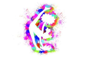 Fototapeta na wymiar Cheerleading Logo Design, Popular Cheerleader Sport, Dancing colorful girl splash paint on white background, Pom Poms, Exercises, Equipment, Healthcare, Icon, Symbol, Silhouette, Vector illustration.