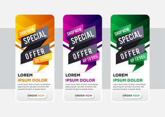 Set of elegant vertical banners with paper cut special offer element design.Abstract templates for story banner on the website. the element colors are orange, purple, black, and green gradient.