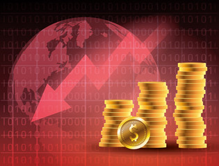 oil price market with coins dollars and arrow down