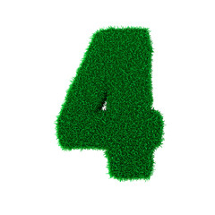 3D illustration. Three-dimensional letters and numbers made of green grass, isolated on a white background, are intended for creating postcards, posters, and inscriptions.