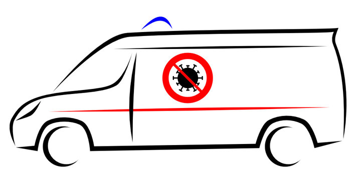 Vector illustration of an ambulance car with a traffic sign showing the figth with corona virus SARS-CoV-2 and Covid-19 disease. Mobile unit vehicle which helps patient with a treatment and transport