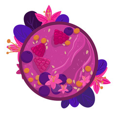 Acai smoothie bowl with raspberries, blueberries, flowers top view. Healthy natural breakfast. Portion of smoothie with fruits in a bowl isolated on white background. Vector hand drawn illustration