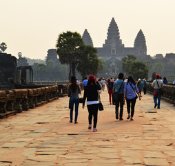 Travelers come to see Angkor Wat in Cambodia