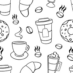 Seamless vector pattern with takeaway coffee, tea, cappuccino, espresso, latte, donut, croissant, coffee beans. Outline pattern with drinks for a cafe, coffee shop, coffeehouse, bakery, pastry shop.