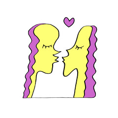 Abstract kiss. We are connected. Simple funny color illustration. Line art, doodle, vector