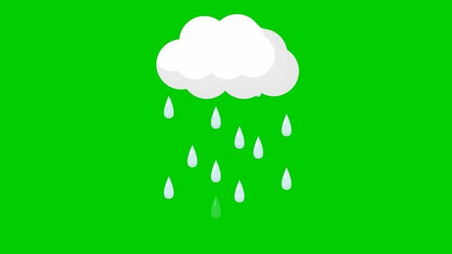 Animated drops of rain from cloud. It's raining. Vector illustration isolated on green background.