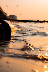 sunset or dawn of the sun on the sea or ocean, waves and sea sand