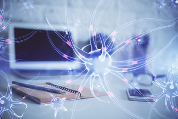 Obraz premium Desktop computer background and neuron drawing. Double exposure. Education concept.
