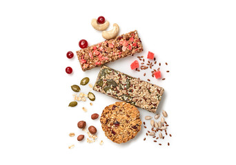 Granola bar with nuts and dry fruit berries. Energy cereal healthy snack. Fitness diet food. Protein muesli bars isolated on white background. Sport oatmeal bar, top view