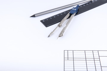 education concept. composition with drafting accessories and drafting paper with copy space