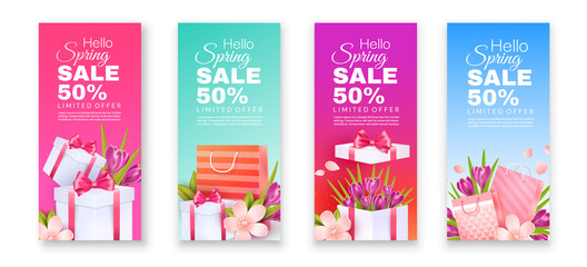 Spring sale flyers . Crocuses and apple blossoms with gift bags on a blue, pink and green background. Set of vector flyers.