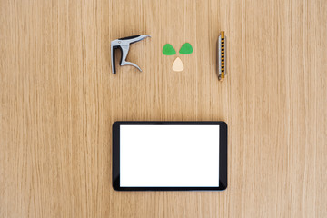 Horizontal top view of mockup smartphone screen with blank content. Study and learn guitar lessons online concept. Explore music and technology. Guitar picks, harmonica and guitar bridge.