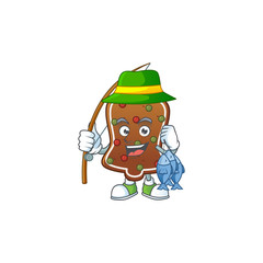 A Picture of gingerbread bell fisher mascot design catch a fish