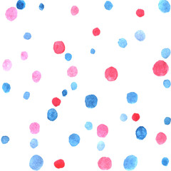 Seamless pattern with watercolor spots blobs stains points dots rounds circles. Abstract background and texture. Hand drawn, light, soft, red and blue, pastel colors template