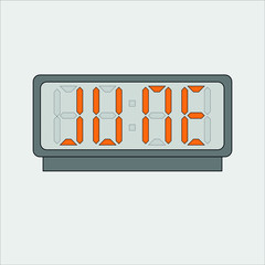 Vector image or picture of digital clock or alarm with orange letters showing text on the light grey background. Stylized word june on digital or electronic device