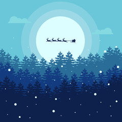 Fototapeta na wymiar Merry Christmas design with snowy pine forest background. Moonlight night with santa and deer carriage.