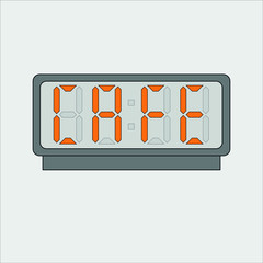 Vector image or picture of digital clock or alarm with orange letters showing text on the light grey background. Stylized word cafe on digital or electronic device