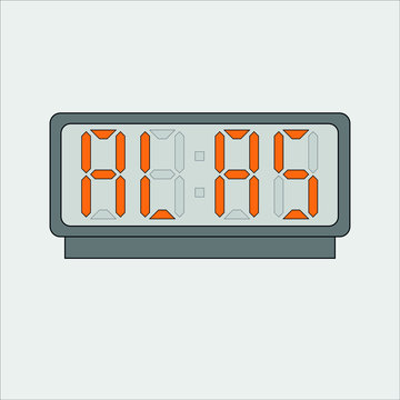 Vector image or picture of digital clock or alarm with orange letters showing text on the light grey background. Stylized word alas on digital or electronic device
