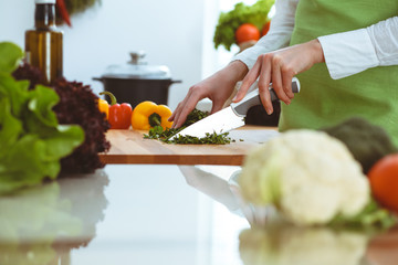 Unknown human hands cooking in kitchen. Woman is busy with vegetable salad. Healthy meal, and vegetarian food concept
