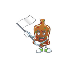 Cute cartoon character of gingerbread bell holding white flag