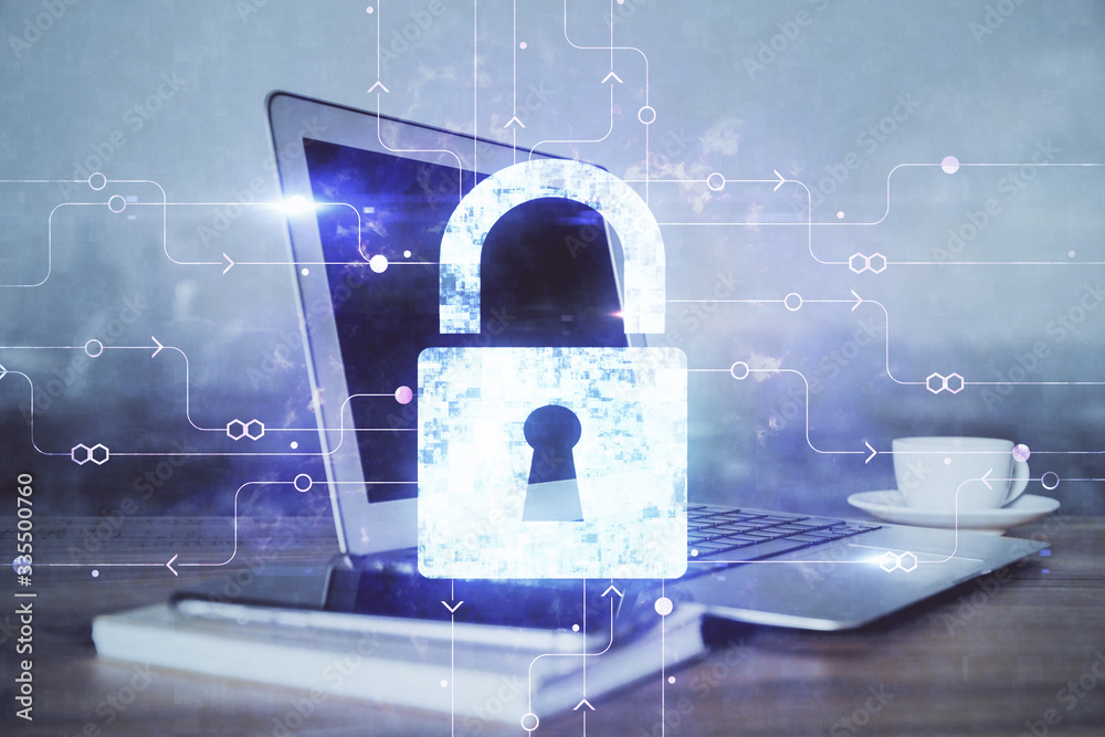 Poster Double exposure of desktop with computer and lock icon hologram. Concept of data safety.
