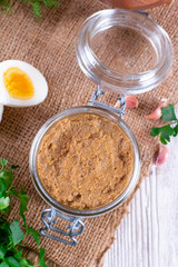 Chicken liver pate in glass jar. Top view