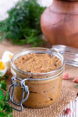 Homemade liver pate in glass jar