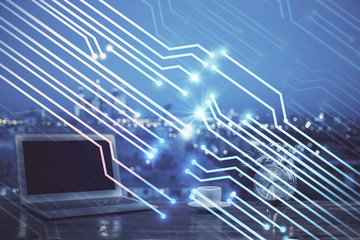 Multi exposure of computer on background and technology theme drawing. Concept of innovation.