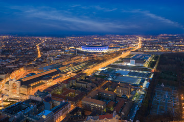 Europe Hungary Budapest aerial cityscape. VII district. Keleti Railway station.