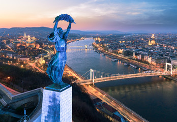 04.02.2020. Europe Hungary Budapest  Liberty statue. Decorated with blue light on the occasion of...