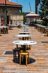 Marked stalls for social distancing at Hawker center, Singapore