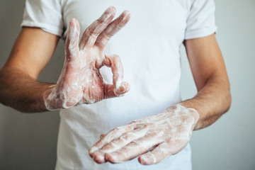 Fototapeta premium Washing hands with soap.Hygiene concept hand detail
