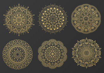 Set of round gold ornament mandala. Mandala with floral patterns. Yoga template. Vector illustration