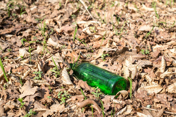 A dirty plastic and glass bottle left in the autumn forest. Plastic waste in the environment.