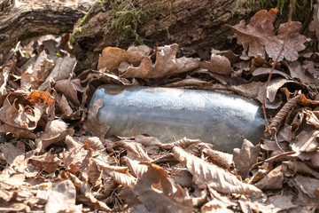A dirty plastic and glass bottle left in the autumn forest. Plastic waste in the environment.