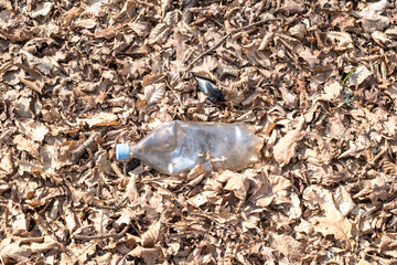 A dirty plastic and glass bottle left in the autumn forest. Plastic waste in the environment.