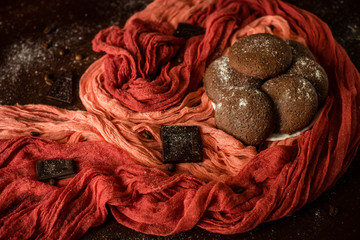 
Chocolate chip cookies on red background. Prepare. Baking.