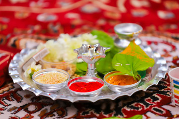 Indian traditional wedding ceremony : Decorative puja thali