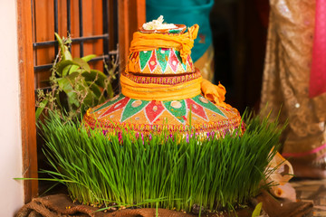 Indian wedding ceremony : decorative coper kalash