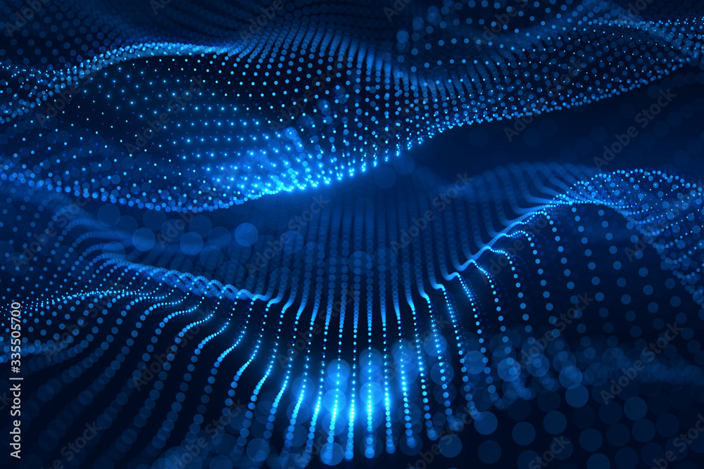 Poster Moving neon blue dots pattern forming a digital network connection on dark background