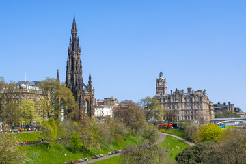 View of Edinburgh city center with Scott Monument, a Victorian Gothic monument to Scottish Sir Walter Scott, and Princes Street Gardens