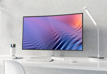 Curved monitor on white desktop and concrete interior mockup 3D rendering