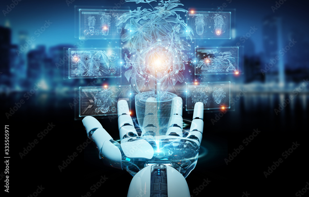 Leinwandbilder robot hand holding and touching holographic projection of a plant with digital analysis 3d rendering