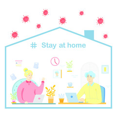 Man and woman stay at home stop coronavirus. work from home to safe life