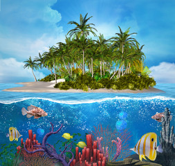 Coral reef with tropical fish in a tropical paradise scenery