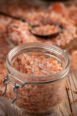 Fototapeta na wymiar Jar of pink Himalayan salt