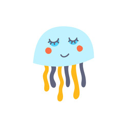 Jellyfish vector illustration for kids. Smiling jellyfish cute clipart for children. Underwater animal isolated on white background