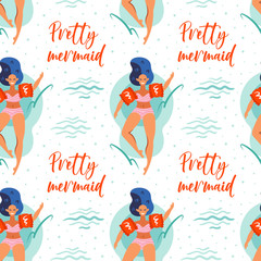 Pretty mermaid. Young smiling girls with blue hair, pink swimming suits and red inflatable sleeves in sea, pool. Hand drawn flat vector seamless pattern. Isolated on white background.