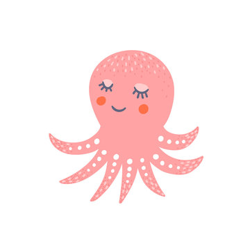 Octopus vector illustration for kids and children. Funny octopus smiling isolated on white background. Underwater animal character