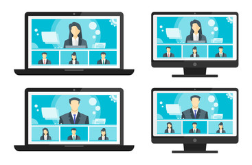 4 Panels Online Virtual Remote Meetings, PC Video Web Conference Teleconference. Company CEO President Executive Manager Boss Employee Team Work Learn From Home WFH Live Stream Webinars